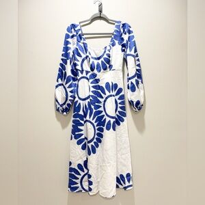 Themis-Z Ino Cotton Dress A line Midi Square Neck Balloon Long Sleeves Blue/Wht